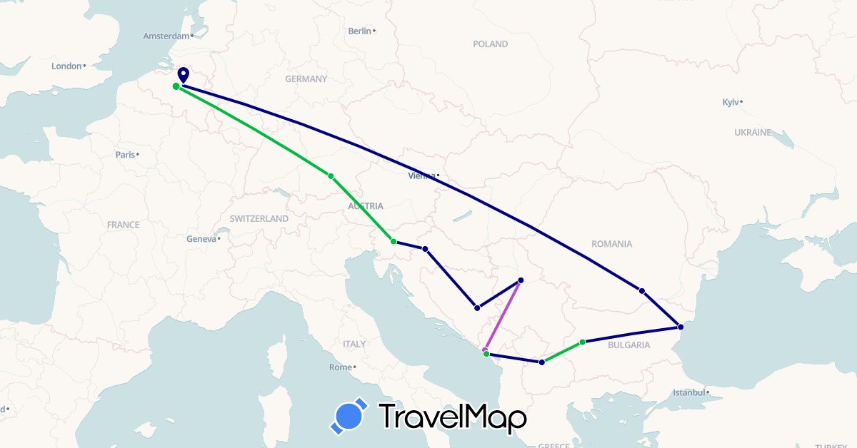 TravelMap itinerary: driving, bus, train in Bosnia and Herzegovina, Belgium, Bulgaria, Germany, Croatia, Montenegro, Macedonia, Romania, Serbia, Slovenia (Europe)